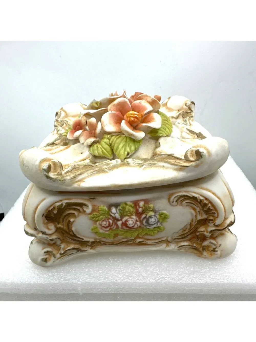 Vintage Porcelain Trinket Box Floral Lidded Footed Bisque Italian Style FLAWED